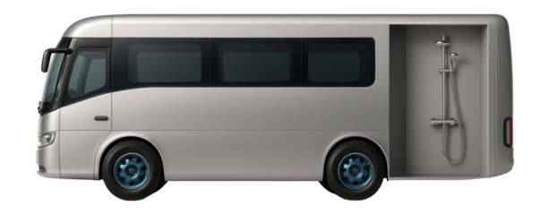 Coach with a minimalist bathroom featuring a wall-mounted shower unit