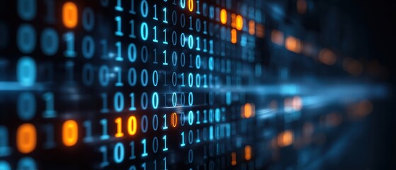A vibrant digital display of binary code, showcasing the intricate world of data and technology with glowing blue and orange elements.