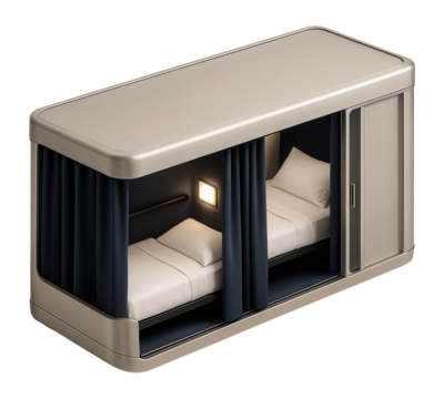 Sleeper train compartment with privacy curtains and night lamps