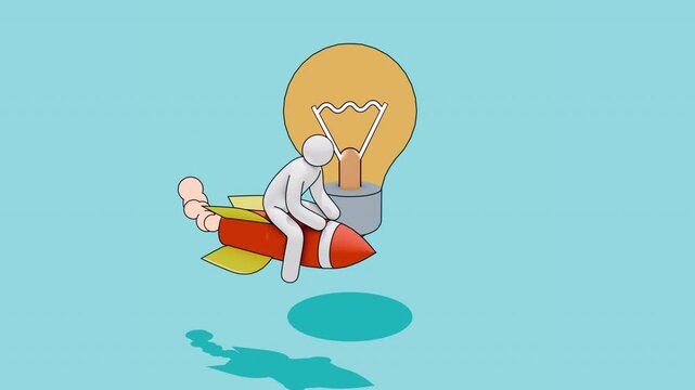 Cheerful stickman character riding a rocket around a rotating light bulb, symbolizing creativity, innovation, inspiration, and breakthrough thinking. Loopable 3D animation