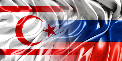 Obraz premium The national flags of Russia and Northern Cyprus are combined into one and placed side by side on a fluttering cotton background. Flags.