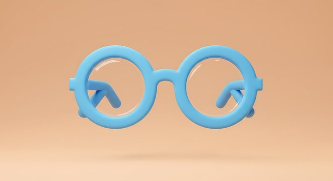 Chunky light blue round eyeglasses in a minimalist 3D cartoon style on a peach background.