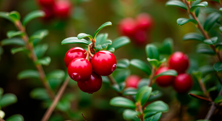 Obraz premium Cluster of vibrant red cranberries on green leafy branch in natural environment.
