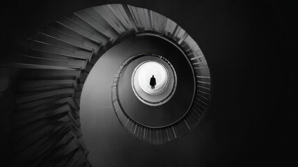 Solitary figure ascending a dark spiral staircase, for mystery story, concept art, or psychological theme design