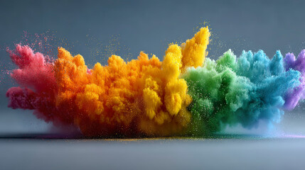 Vibrant explosion of colored dust against a gray background, creating a dynamic and colorful spectrum in motion.