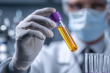 Scientist in lab coat holds test tube with amber liquid