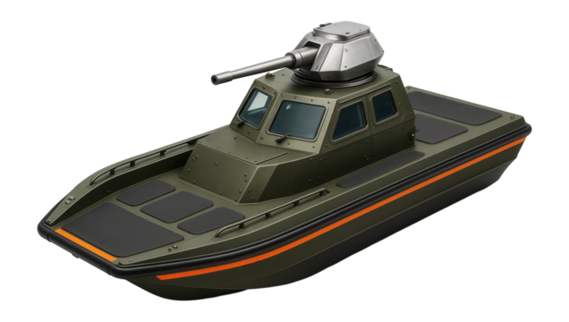 Armored landing vessel with turret and bulletproof windows