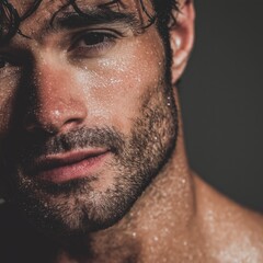 Obraz premium Professional studio portrait capturing a close-up of a man with water droplets on his skin and an intense gaze
