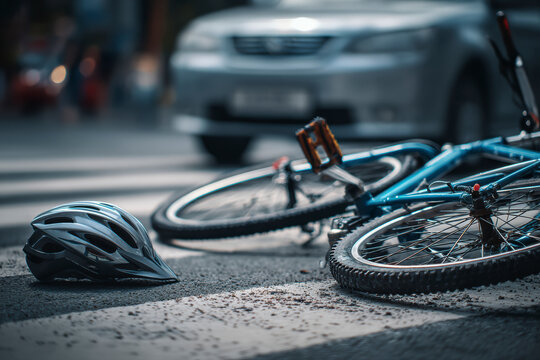 Bicycle crash on crosswalk. Helmet next to bike. Car in blurred background. Risky Urban cycling scene.