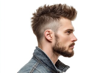 Fototapeta premium Man in denim jacket profile view Spiked hair and beard visible against a white background