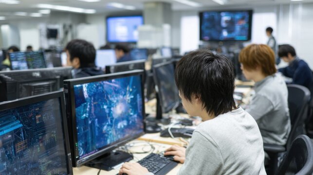 Several individuals are focused on their computer screens, actively coding in a modern tech environment. This collaborative workspace is filled with monitors displaying complex programs. - Powered by Adobe