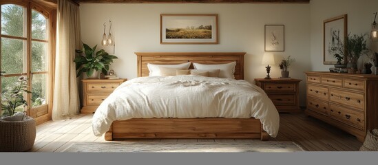 Cozy Rustic Bedroom with Wooden Furniture.