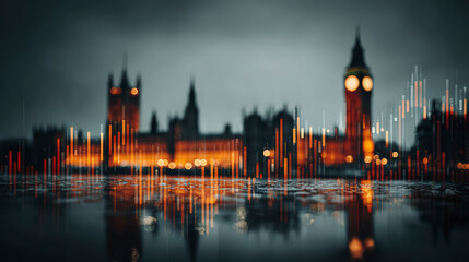 Fototapeta premium Blurred view of the Houses of Parliament and Big Ben in London, with shimmering reflections on a wet surface at twilight.
