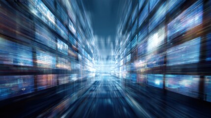 Multiple digital screens stretch into the distance, displaying vibrant visuals. Motion blur gives a sense of speed and technology in a modern digital space.