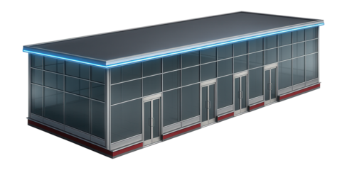 Passenger terminal building with glass facade and multiple entry doors