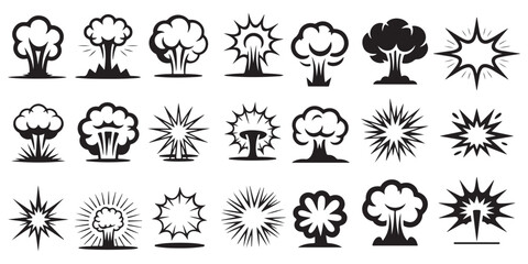 Collection of stylized mushroom cloud explosion icons and silhouettes representing nuclear or atomic blasts