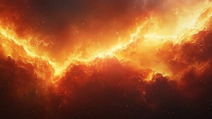 Stunning cosmic explosion: vibrant orange and yellowflames illuminating dark couds, evoking a sense of ae and wonder in the univere.
