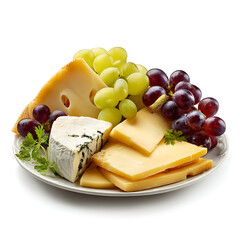 Assortment of cheeses and grapes on a white plate