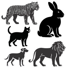 動物のリアルなシルエットセット – 黒と白のベクターイラスト（トラ、ライオン、犬、猫、ウサギ