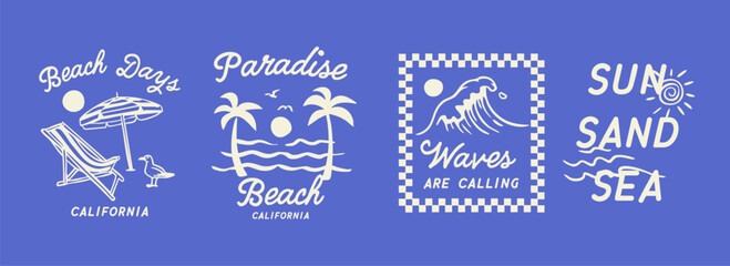 Summer beach badge vector set with palm trees, waves, sun, and typography for California surf style. Perfect for t-shirts, posters, or travel designs..   © cddesign.co