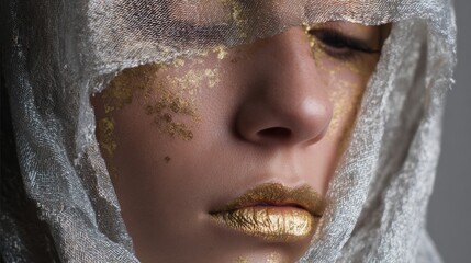 A close-up showcases a serene face adorned with gold metallic lips and delicate shimmering drapes. The lighting adds a soft glow, enhancing the artistic expression of beauty.