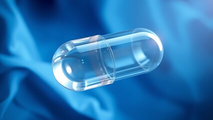 Futuristic translucent capsule floating against a blue medical backdrop with light refraction.