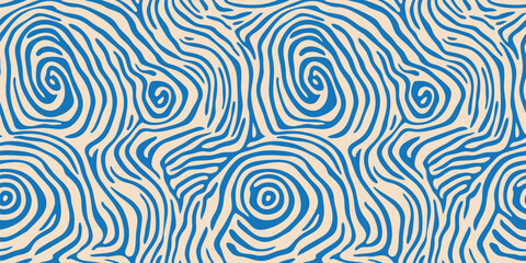 Vector seamless pattern with dynamic spiral swirls. Abstract boho texture with flowing wavy curves, organic shapes. Blue and white background. Repeated design for textile, decor, print, wrapping