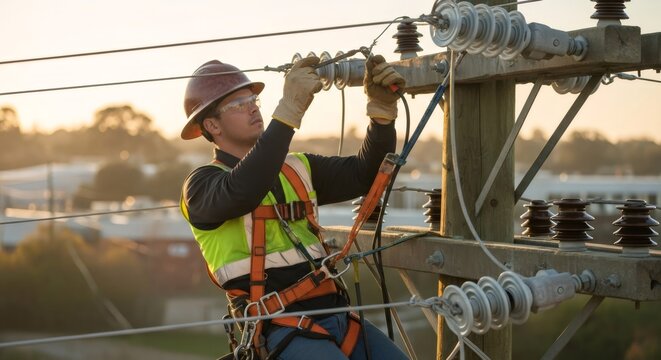 Man, an electrician, performing maintenance work on a power pole. Outdoor utility maintenance. Electric power system service concept.