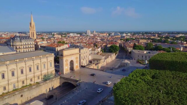 An aerial perspective captures the historic city of Montpellier in southern France, showcasing its iconic landmarks.