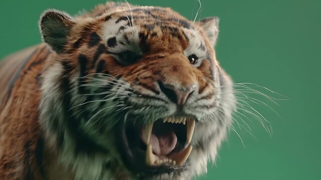 Fierce tiger head baring teeth roaring, showing aggression and power. Suitable for wildlife designs, posters, logos, or sports team branding.