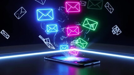Vibrant digital representation of email notifications emerging from a smartphone on a dark background - Powered by Adobe