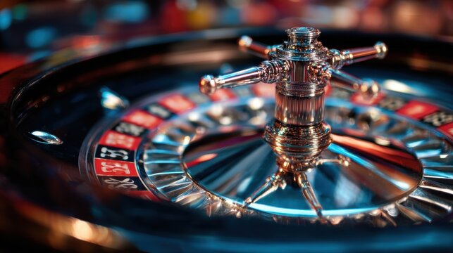 Bright lights illuminate a classic roulette table as players eagerly place bets, adding to the electric ambiance of the bustling casino during the evening hours.