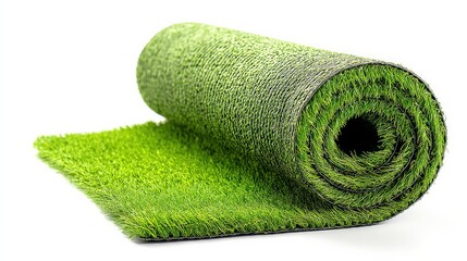 A rolled-up piece of artificial grass, showcasing its vibrant green color and texture, ideal for landscaping and indoor decoration.