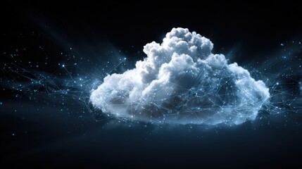 Fototapeta premium A billowing cloud is illuminated by bright connections and particles, symbolizing the integration of technology and data in modern innovation and communication.