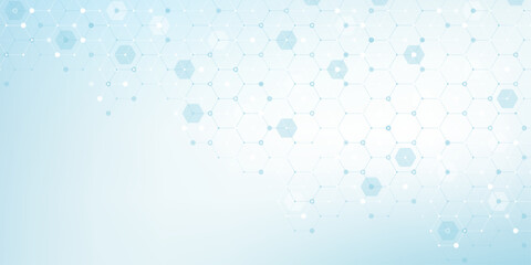 Modern health care or medical background design. Health care innovation concept. Horizontal header web banner. Abstract geometric background with hexagon shapes for medicine, science, chemistry.