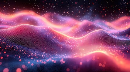 Obraz premium Vibrant abstract waves of light and color, creating mesmerizing cosmic landscpe filled with sparkling prticles, ideal for digitalart and technology themes.