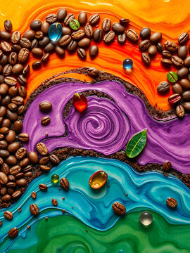 Exotic Coffee Bean Ripple Art with Colorful Floating Elements