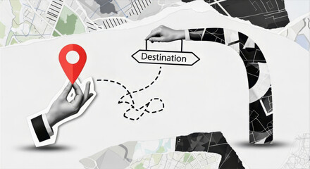 Abstract collage of hands holding a location pin and destination sign with a dotted line path shown