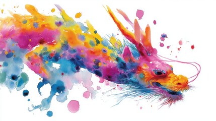 Fototapeta premium A majestic dragon is depicted in a swirl of bold colors, blending hues of purple, pink, orange, and blue. The artwork captures the creature in a lively motion, embodying fantasy.