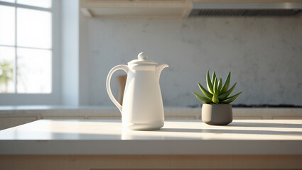 Photo of a white ceramic coffee pot sits on a kitchen counter next to a small potted succulent plant, bathed in natural light from a window