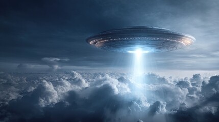 Obraz premium A large flying saucer is seen hovering in a cloudy sky, emitting a striking beam of light that pierces through the clouds during twilight hours. The atmosphere feels surreal and otherworldly.