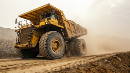 Giant Yellow Mining Truck with Massive Dirty Tires Driving on Rough Terrain in Quarry