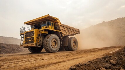 Obraz premium Giant Yellow Mining Truck with Massive Dirty Tires Driving on Rough Terrain in Quarry