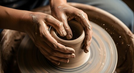 Hands of an artisan shaping wet earthenware clay on a spinning potter's wheel, a close-up view of the creative pottery-making process in a workshop