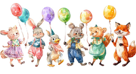 Fototapeta premium cute animal characters in party holding balloons, jpeg, png, transparent