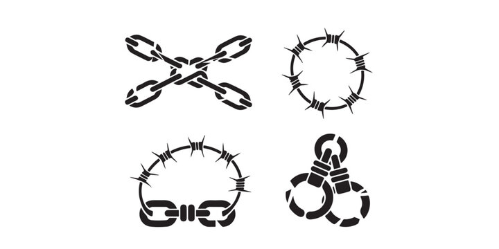 Four black silhouette icons representing chains barbed wire circle barbed wire bracelet and handcuffs on a white background
