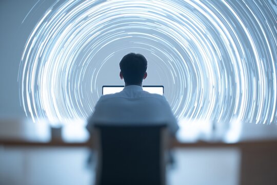 Silhouette of a business person standing before a futuristic circular data interface, representing big data and analytics.