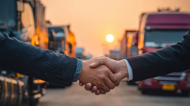 A handshake between two businesspeople in front of trucks at sunset, symbolizing partnership and collaboration in the transportation industry.
