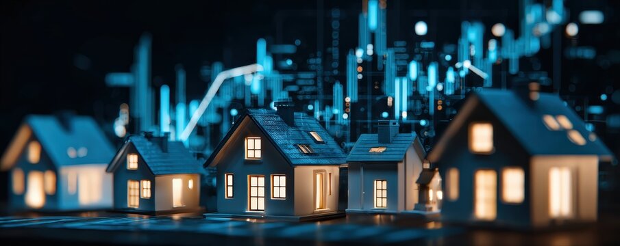 A digital representation of miniature houses illuminated against a backdrop of abstract data, symbolizing real estate trends and market analytics.