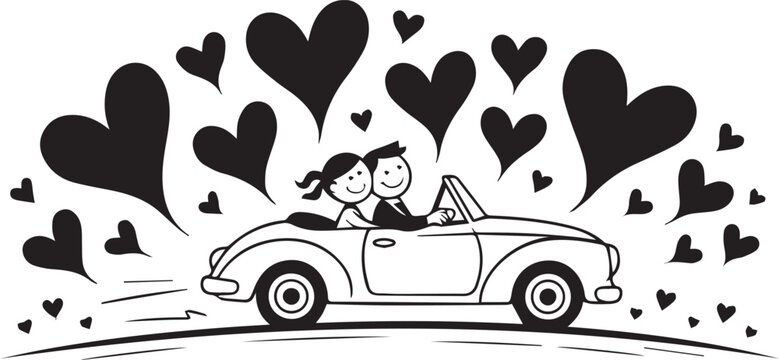 Love Journey: A joyous cartoon couple embarks on a romantic journey in a vintage convertible car, surrounded by a cascade of heart-shaped symbols.